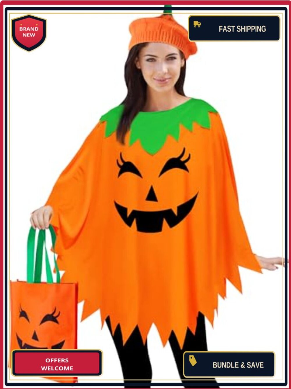 Pumpkin Poncho Halloween Costume Set with Knit Beret & Candy Bag